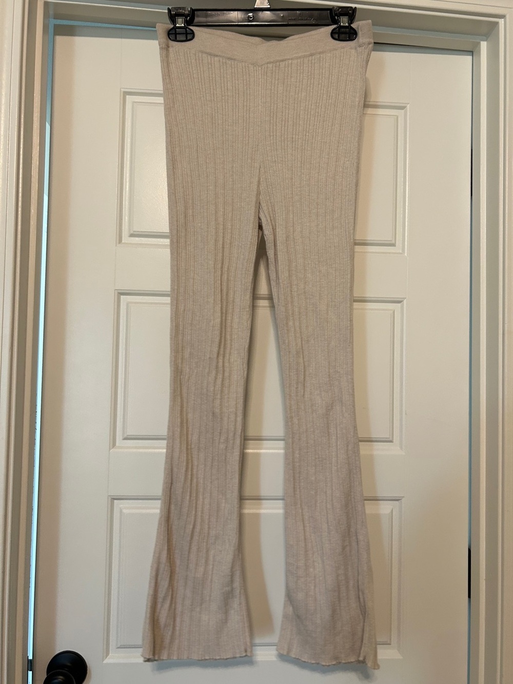 H&M Ribbed Knit Flare Pants in Light Beige